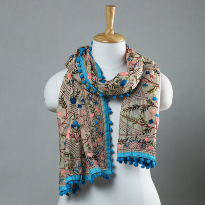 Blue Ranihati Chapa Work Embroidery Chanderi Silk Stole with Pom Pom