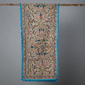 Blue Ranihati Chapa Work Embroidery Chanderi Silk Stole with Pom Pom
