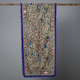 Blue Ranihati Chapa Work Embroidery Chanderi Silk Stole with Pom Pom
