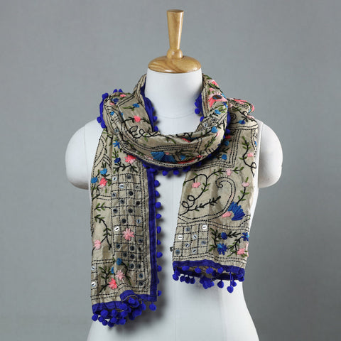 Blue Ranihati Chapa Work Embroidery Chanderi Silk Stole with Pom Pom