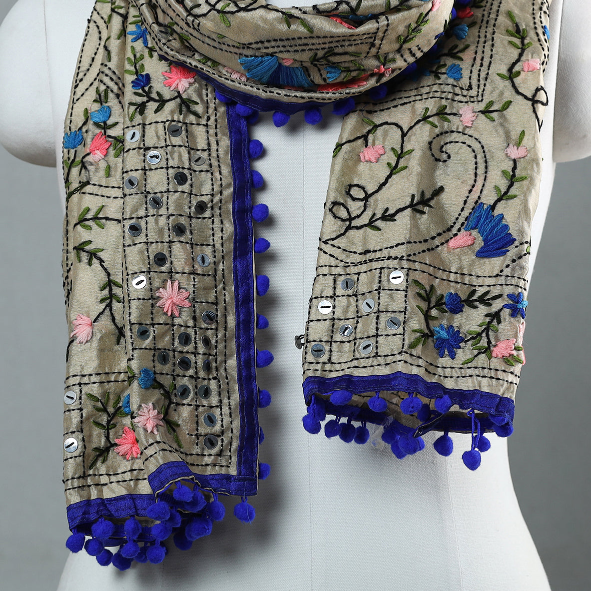 Blue Ranihati Chapa Work Embroidery Chanderi Silk Stole with Pom Pom
