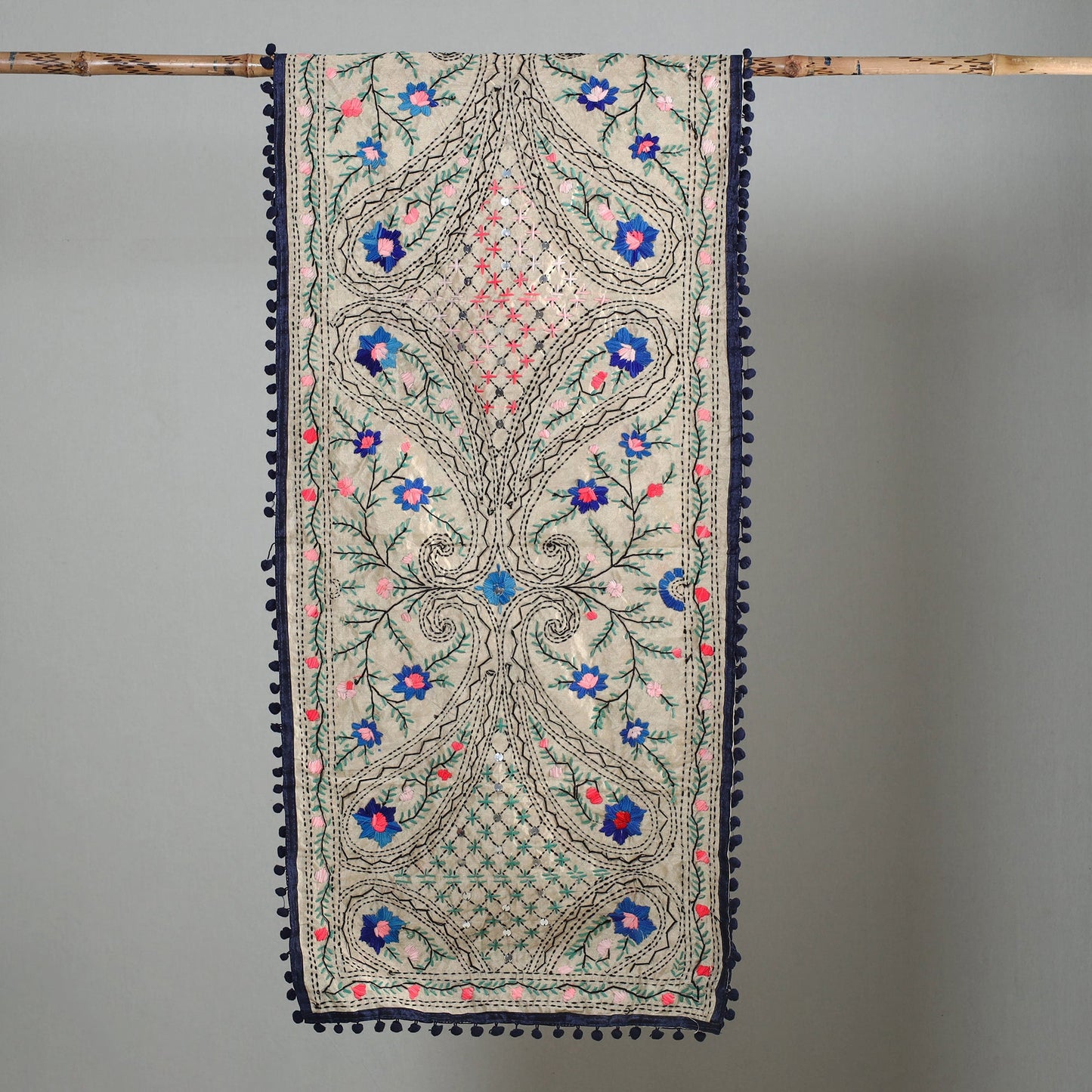 Blue Ranihati Chapa Work Embroidery Chanderi Silk Stole with Pom Pom