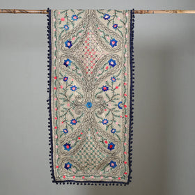 Blue Ranihati Chapa Work Embroidery Chanderi Silk Stole with Pom Pom