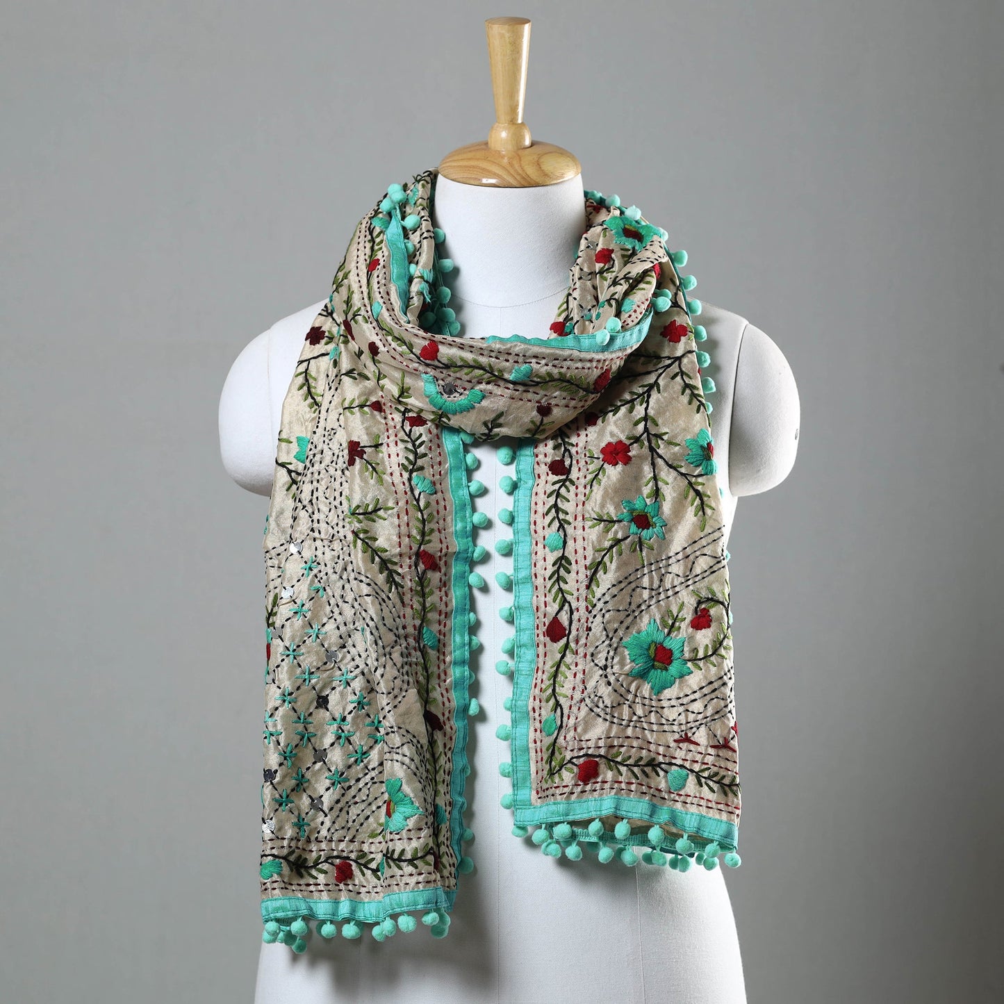 Blue Ranihati Chapa Work Embroidery Chanderi Silk Stole with Pom Pom