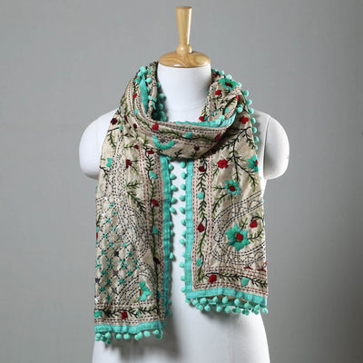 Blue Ranihati Chapa Work Embroidery Chanderi Silk Stole with Pom Pom