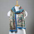 Blue Ranihati Chapa Work Embroidery Chanderi Silk Stole with Pom Pom