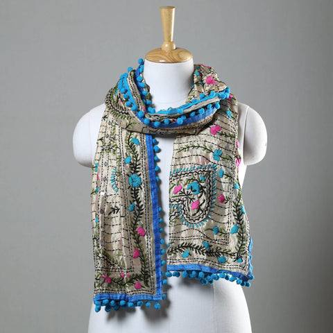 Blue Ranihati Chapa Work Embroidery Chanderi Silk Stole with Pom Pom