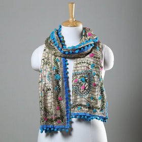 Blue Ranihati Chapa Work Embroidery Chanderi Silk Stole with Pom Pom