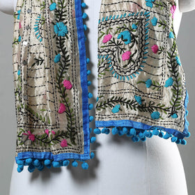 Blue Ranihati Chapa Work Embroidery Chanderi Silk Stole with Pom Pom