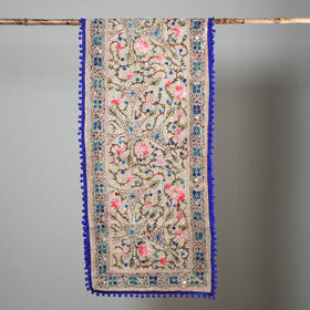 Blue Ranihati Chapa Work Embroidery Chanderi Silk Stole with Pom Pom