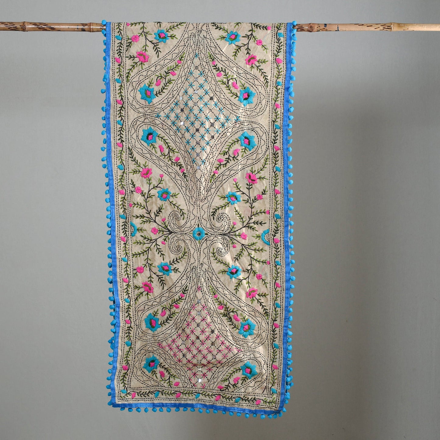 Blue Ranihati Chapa Work Embroidery Chanderi Silk Stole with Pom Pom