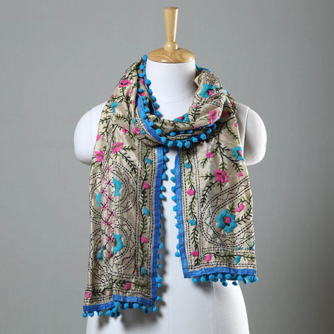 Blue Ranihati Chapa Work Embroidery Chanderi Silk Stole with Pom Pom