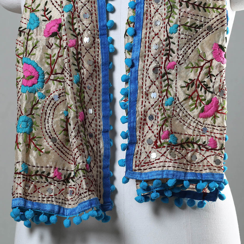 Blue Ranihati Chapa Work Embroidery Chanderi Silk Stole with Pom Pom