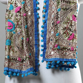 Blue Ranihati Chapa Work Embroidery Chanderi Silk Stole with Pom Pom