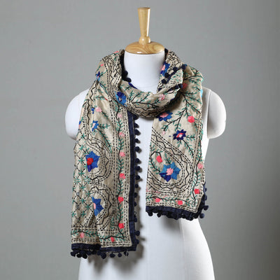 Blue Ranihati Chapa Work Embroidery Chanderi Silk Stole with Pom Pom