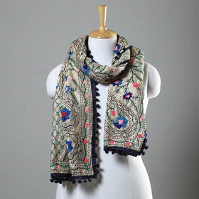 Blue Ranihati Chapa Work Embroidery Chanderi Silk Stole with Pom Pom