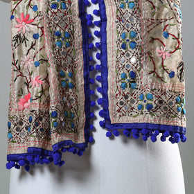 Blue Ranihati Chapa Work Embroidery Chanderi Silk Stole with Pom Pom