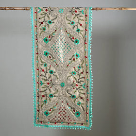 Blue Ranihati Chapa Work Embroidery Chanderi Silk Stole with Pom Pom