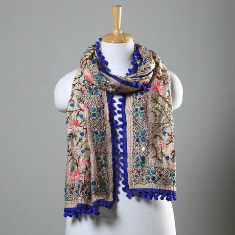 Blue Ranihati Chapa Work Embroidery Chanderi Silk Stole with Pom Pom