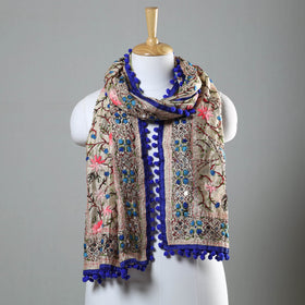 Blue Ranihati Chapa Work Embroidery Chanderi Silk Stole with Pom Pom