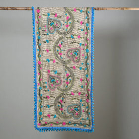 Blue Ranihati Chapa Work Embroidery Chanderi Silk Stole with Pom Pom