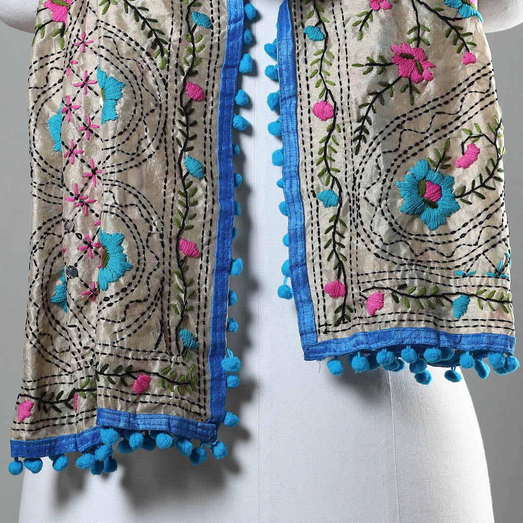 Blue Ranihati Chapa Work Embroidery Chanderi Silk Stole with Pom Pom