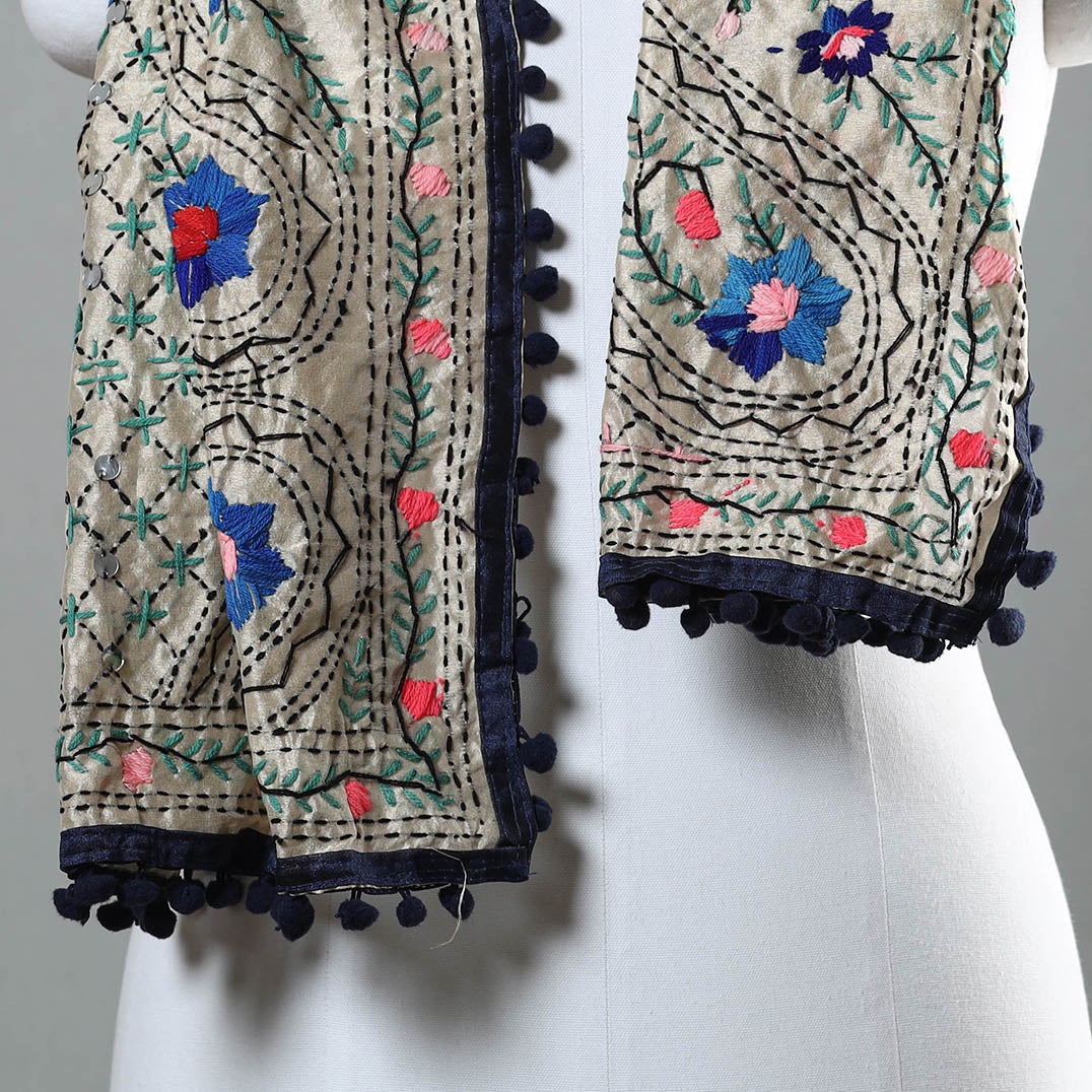 Blue Ranihati Chapa Work Embroidery Chanderi Silk Stole with Pom Pom