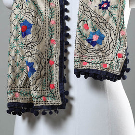 Blue Ranihati Chapa Work Embroidery Chanderi Silk Stole with Pom Pom