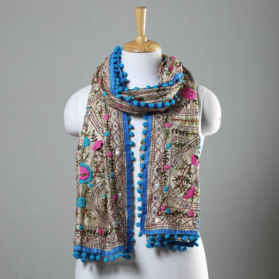 Blue Ranihati Chapa Work Embroidery Chanderi Silk Stole with Pom Pom
