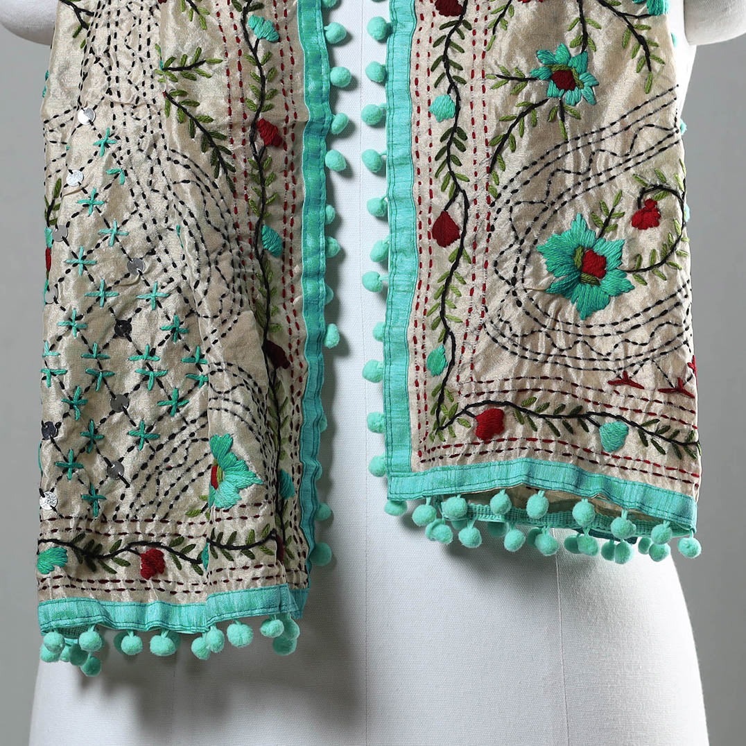 Blue Ranihati Chapa Work Embroidery Chanderi Silk Stole with Pom Pom