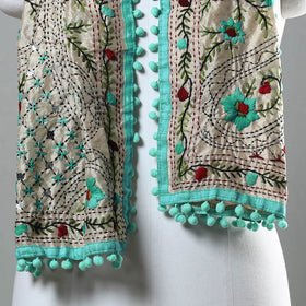 Blue Ranihati Chapa Work Embroidery Chanderi Silk Stole with Pom Pom