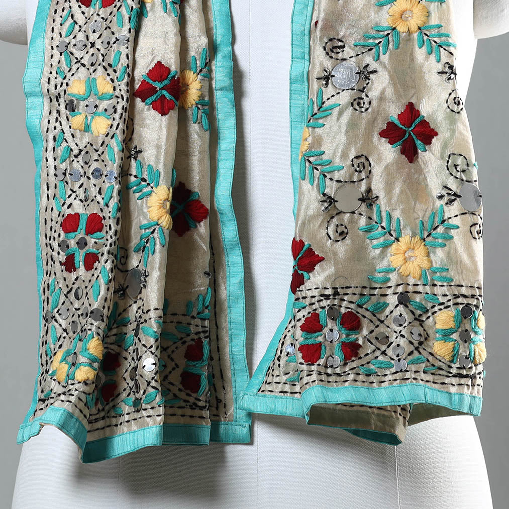 Blue Ranihati Chapa Work Embroidery Chanderi Silk Stole