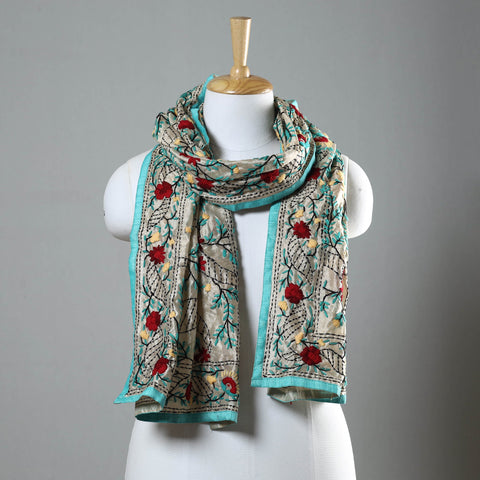 Blue Ranihati Chapa Work Embroidery Chanderi Silk Stole