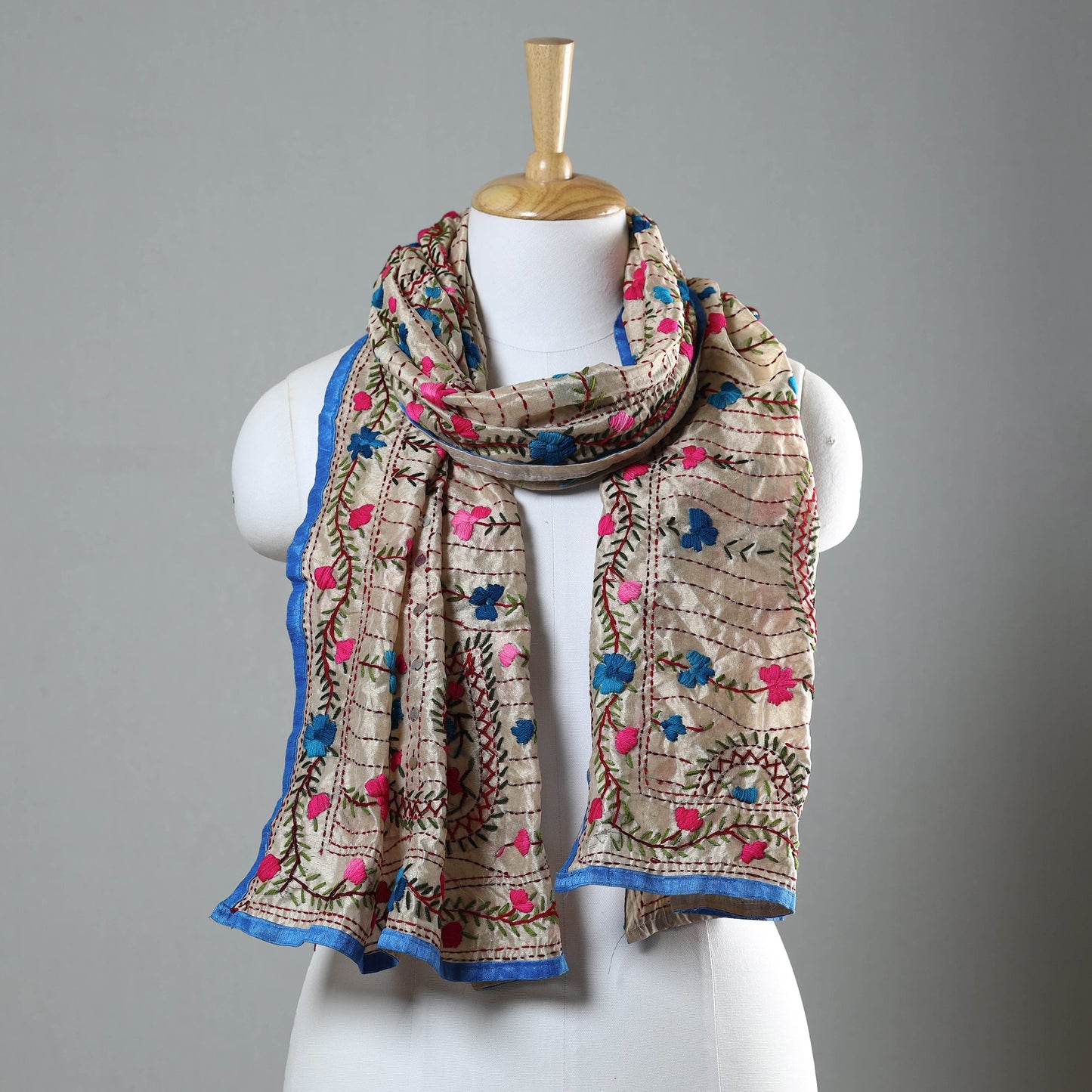 Blue Ranihati Chapa Work Embroidery Chanderi Silk Stole