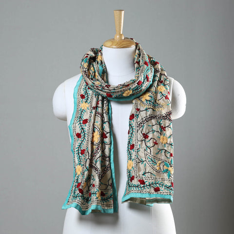 Blue Ranihati Chapa Work Embroidery Chanderi Silk Stole