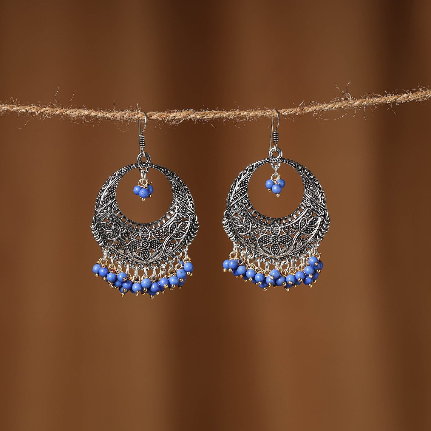 Blue Rasha German Silver Beaded Earrings 
