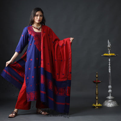 Blue & red phulia jamdani silk kurta with palazzo dupatta