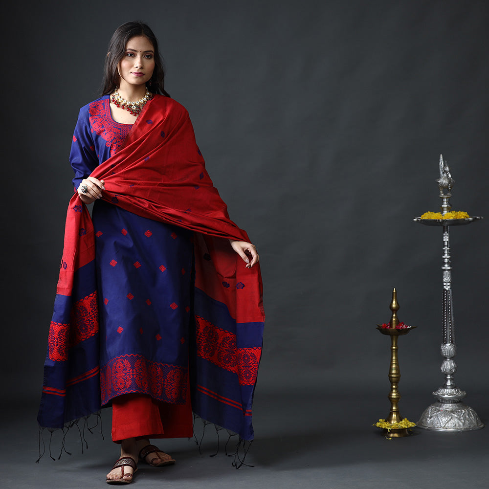 Blue & red phulia jamdani silk kurta with palazzo dupatta