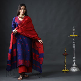 Blue & red phulia jamdani silk kurta with palazzo dupatta