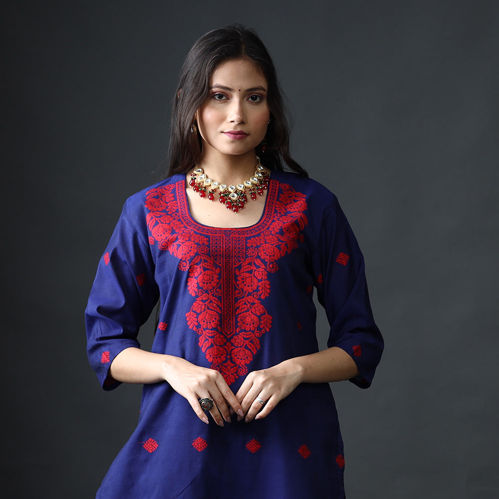 Blue & red phulia jamdani silk kurta with palazzo dupatta