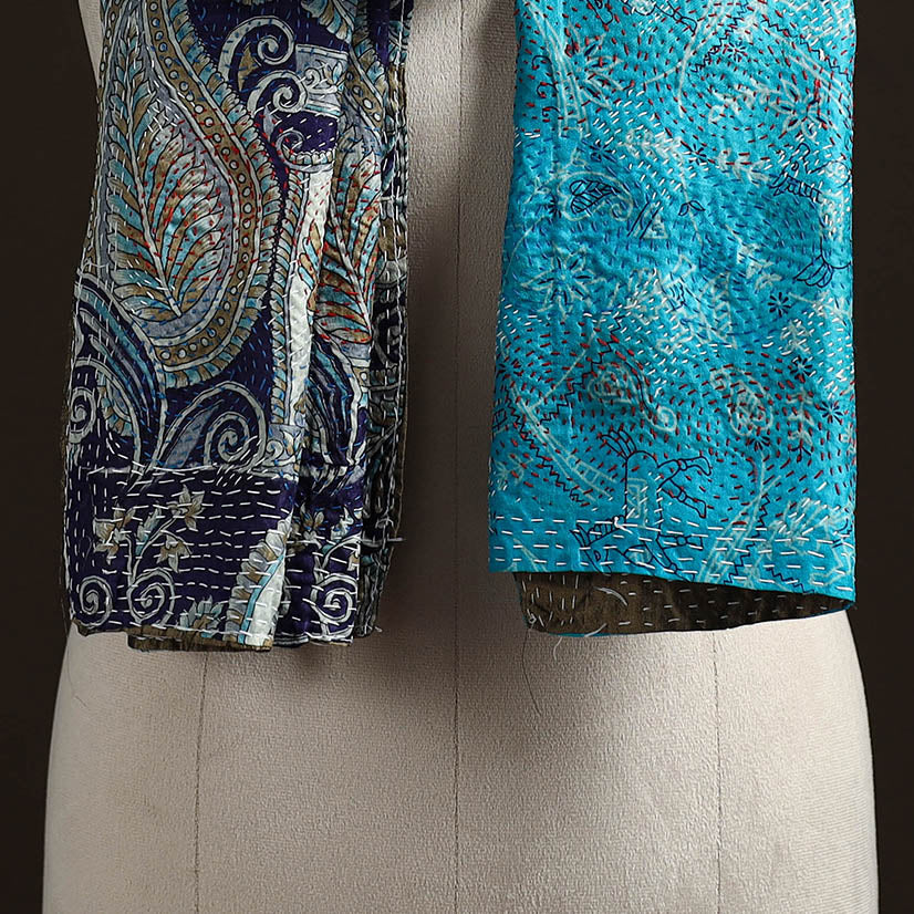 Blue - reversible silk bengal hand kantha stitch stole 104