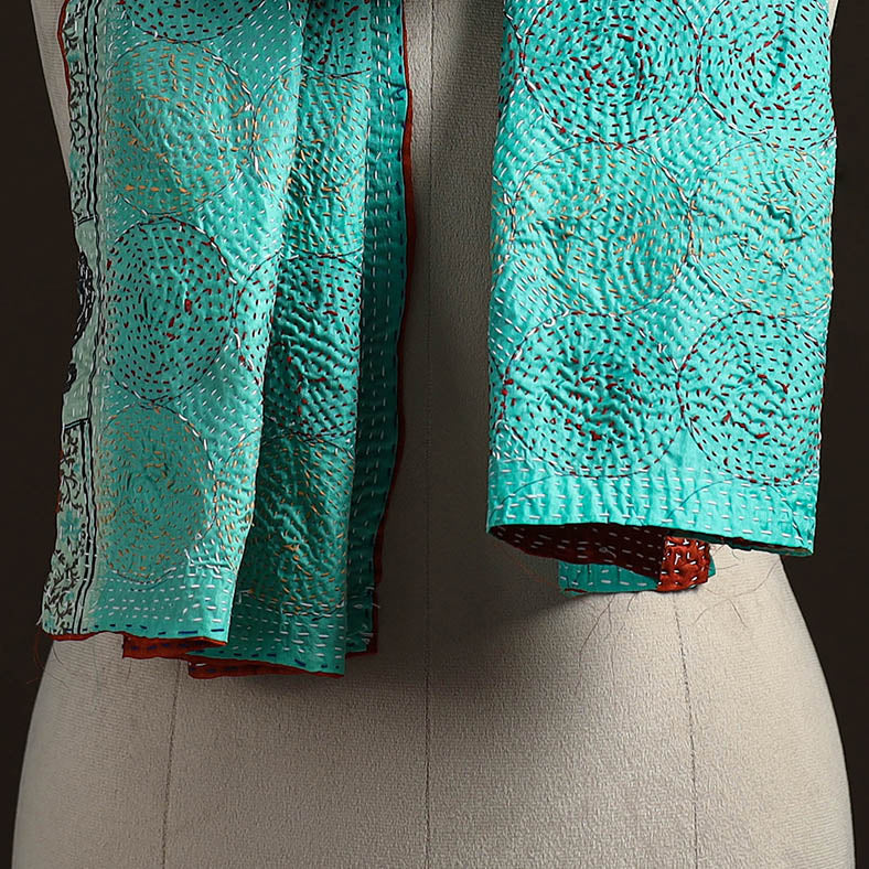 Blue - reversible silk bengal hand kantha stitch stole 116