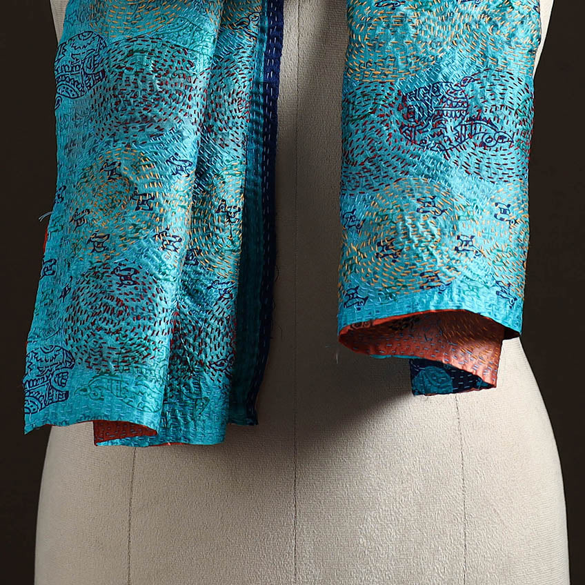 Blue - reversible silk bengal hand kantha stitch stole 127