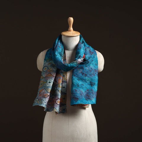 Blue - reversible silk bengal hand kantha stitch stole 132