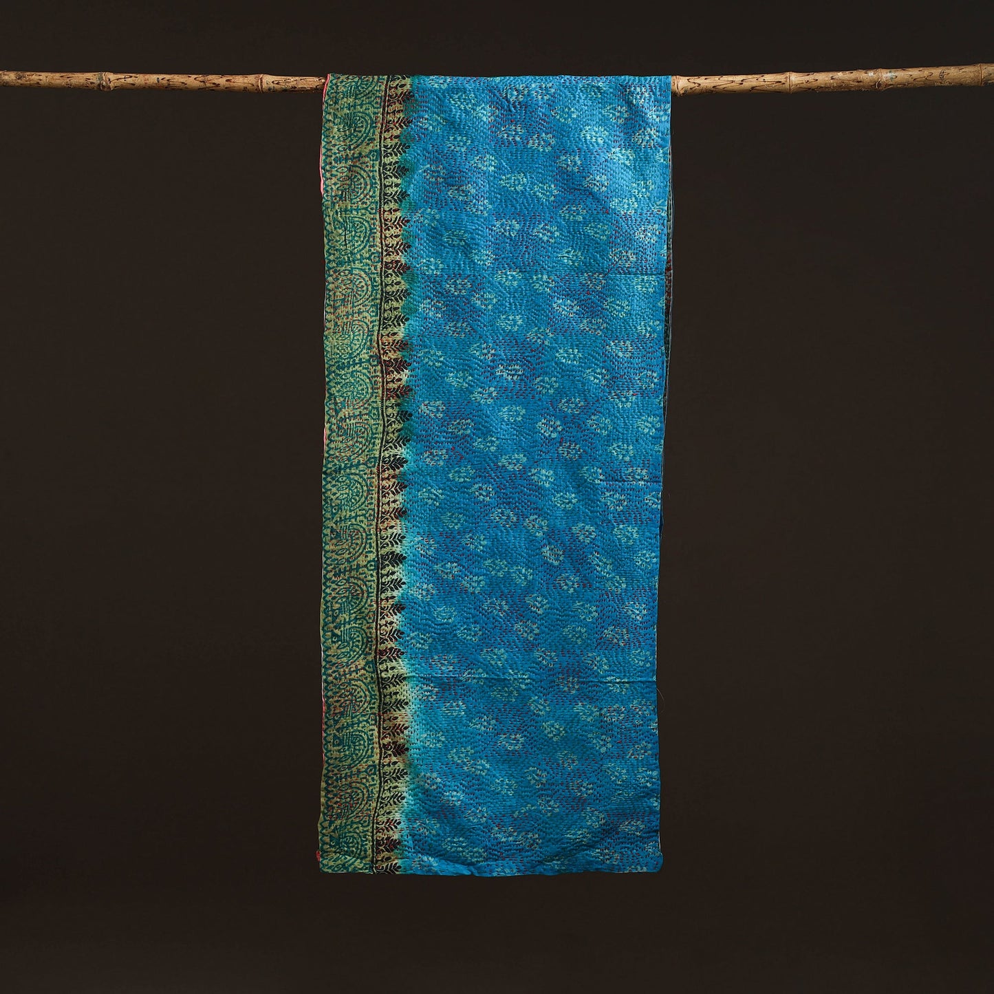 Blue - reversible silk bengal hand kantha stitch stole 142