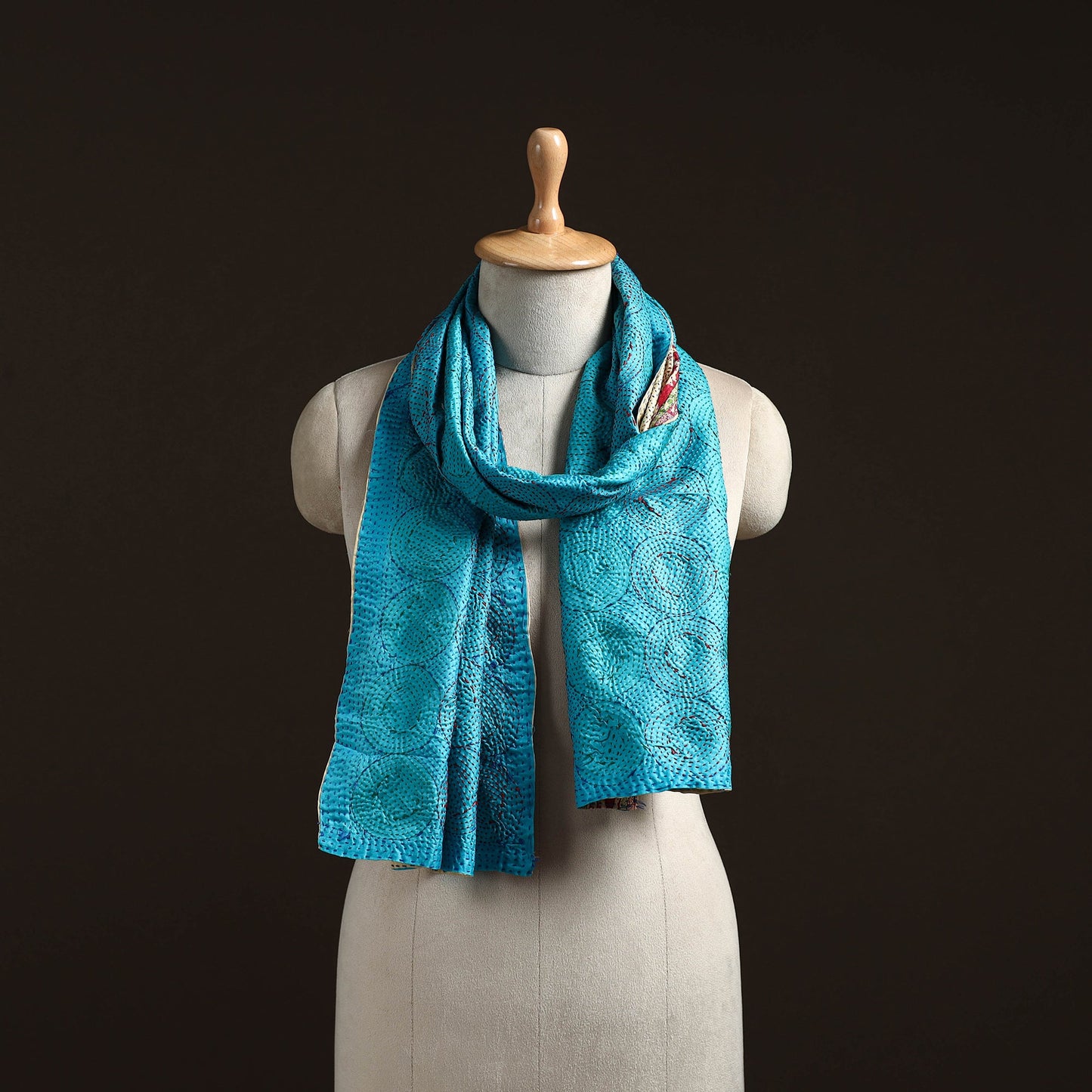 Blue - reversible silk bengal hand kantha stitch stole 144