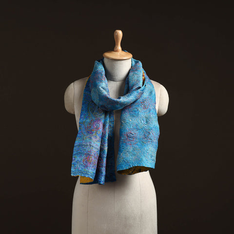 Blue - reversible silk bengal hand kantha stitch stole 156