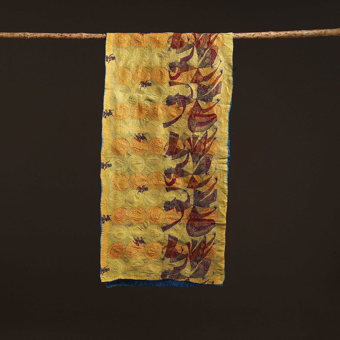 Blue - reversible silk bengal hand kantha stitch stole 156