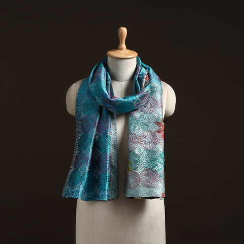 Blue - reversible silk bengal hand kantha stitch stole 187