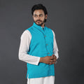 Blue - running stitch cotton nehru jacket - handcrafted